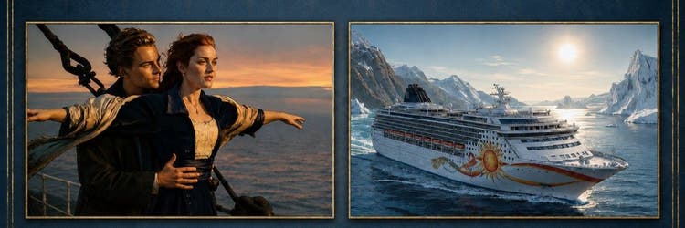 Side-by-side panels showing the iconic Titanic sunset bow embrace next to a modern cruise ship sailing past snowy mountain glaciers.